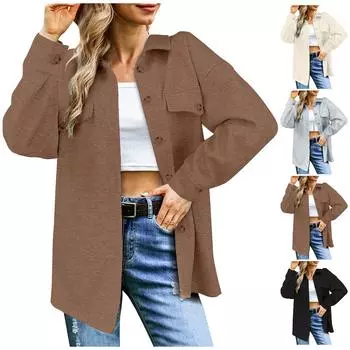 Женское повседневное однотонное пальто с длинными рукавами и карманами XL кофейный