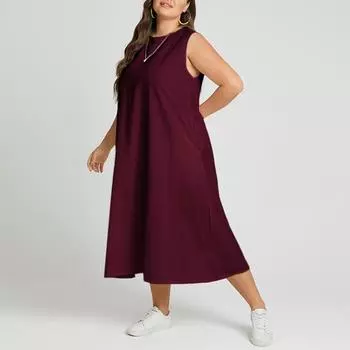 Женское повседневное однотонное платье без рукавов с круглым вырезом для праздника 5XL вино красного