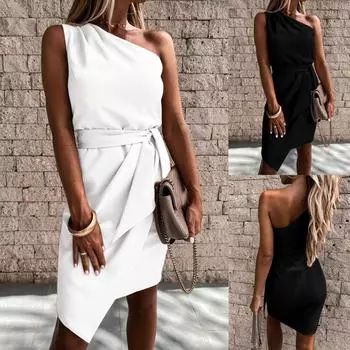 Женское повседневное однотонное платье без рукавов с завязками на одно плечо, короткая юбка L чёрный