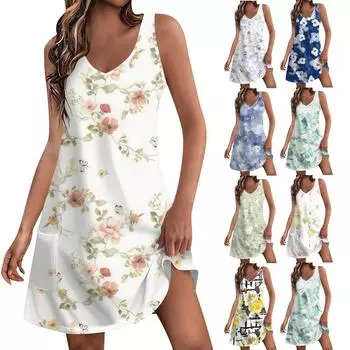Женское повседневное однотонное платье-майка с цветочным принтом и карманами, летнее богемное пляжное платье с v-образным вырезом, майка L синий