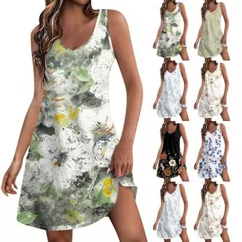 Женское повседневное однотонное платье-майка с цветочным принтом и карманами, летнее богемное пляжное платье с v-образным вырезом, майка L чёрный