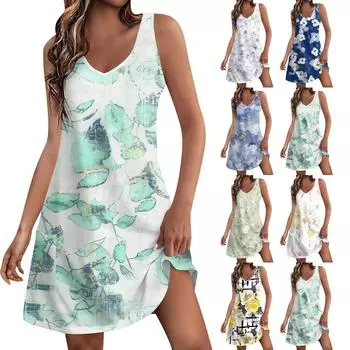 Женское повседневное однотонное платье-майка с цветочным принтом и карманами, летнее богемное пляжное платье с v-образным вырезом, майка L синий