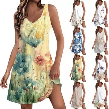Женское повседневное однотонное платье-майка с цветочным принтом и карманами, летнее богемное пляжное платье с v-образным вырезом, майка L бежевый