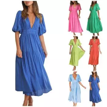 Женское повседневное однотонное платье с деревянным краем уха, повседневное платье с короткими рукавами