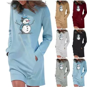 Женское повседневное однотонное платье с длинным рукавом и круглым вырезом, карманом, с Рождеством M чёрный