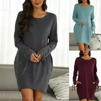 Женское повседневное однотонное платье с длинным рукавом и круглым вырезом на шнуровке-манжете XXL зелёный