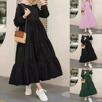 Женское повседневное однотонное платье с длинным рукавом и круглым вырезом, длинное платье, халат XL чёрный