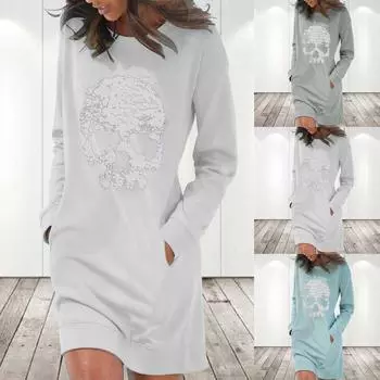 Женское повседневное однотонное платье с длинными рукавами и карманами и круглым вырезом M