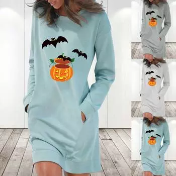 Женское повседневное однотонное платье с длинными рукавами и карманами и круглым вырезом L серый