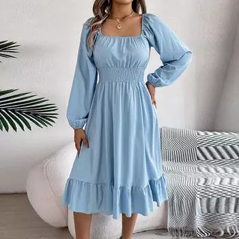 Женское повседневное однотонное платье с квадратным вырезом, длинными рукавами, присборенной талией и оборками в виде юбки А-силуэта M