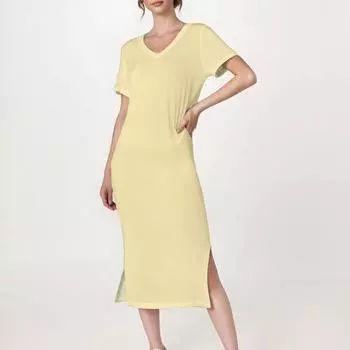 Женское повседневное однотонное платье с V-образным вырезом, короткими рукавами, разрезом по подолу и карманами L бежевый