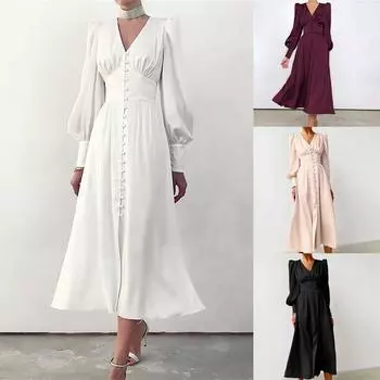 Женское повседневное однотонное платье с V-образным вырезом и длинными рукавами XS белый