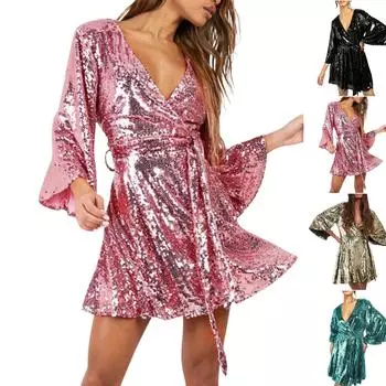 Женское повседневное однотонное платье с V-образным вырезом, свободного покроя, с пайетками, с длинными рукавами, платье L золотой