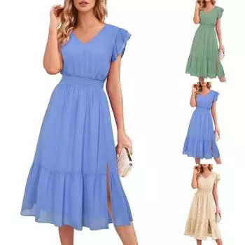 Женское повседневное однотонное платье с V-образным вырезом и эластичной талией Платье с V-образным вырезом и эластичной талией M бежевый