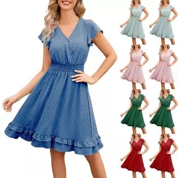 Женское повседневное однотонное платье с застежкой на талию и V-образным вырезом L синий