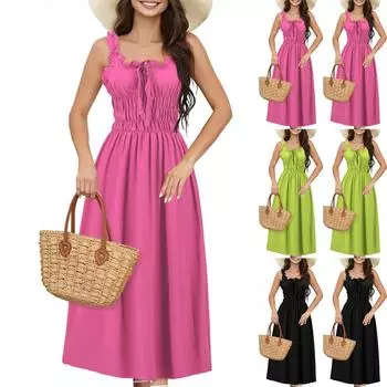 Женское повседневное однотонное платье с застежкой на талию и V-образным вырезом L чёрный