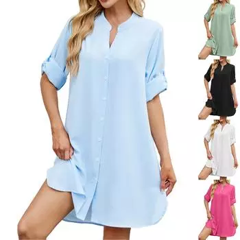 Женское повседневное однотонное платье с застежкой на талию и V-образным вырезом M