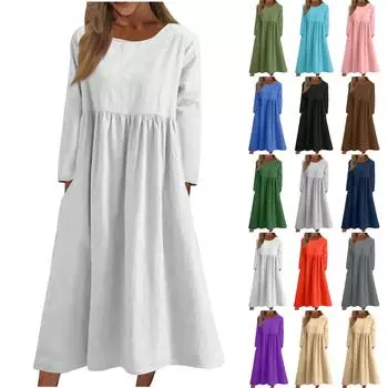 Женское повседневное однотонное платье средней длины с круглым вырезом, платье средней длины с длинными рукавами и карманом XXXL синий