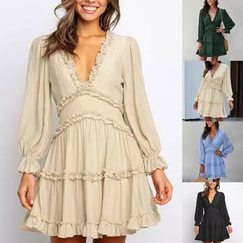 Женское повседневное однотонное платье трапециевидной формы с длинными рукавами и v-образным вырезом со средней талией L