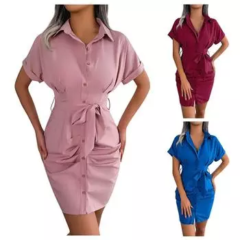 Женское повседневное однотонное плиссированное платье-рубашка с короткими рукавами и талией L синий