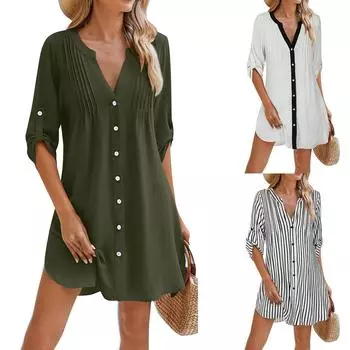 Женское повседневное однотонное полосатое платье-рубашка с V-образным вырезом и пуговицами M армия зеленый