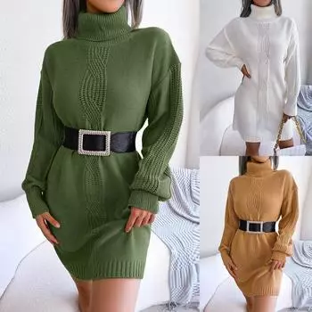 Женское повседневное однотонное шерстяное платье с высоким воротником и длинным рукавом S хаки