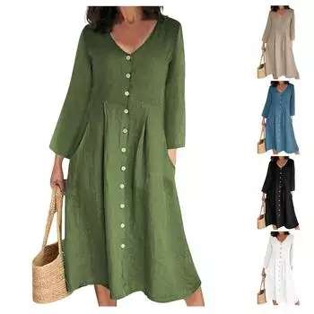 Женское повседневное однотонное свободное хлопковое льняное платье с длинными рукавами и высокой талией L армия зеленый