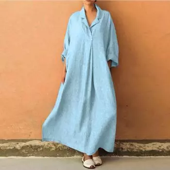 Женское повседневное однотонное свободное платье большого размера из хлопка и льна с длинными рукавами в стиле ретро XXL