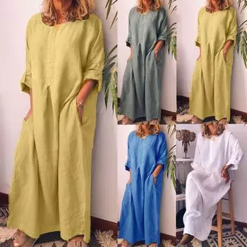 Женское повседневное однотонное свободное платье из хлопка и льна, прямое платье L синий