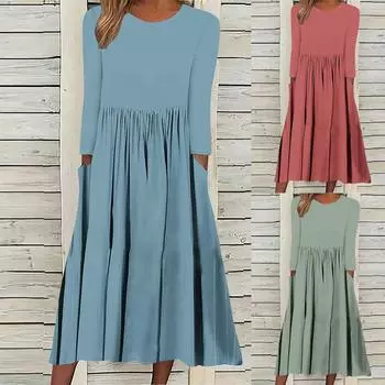 Женское повседневное однотонное свободное платье макси с длинными рукавами и круглым вырезом L