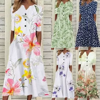 Женское повседневное однотонное свободное платье с короткими рукавами и v-образным вырезом на пуговицах XL тёмно-синий