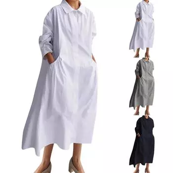 Женское повседневное однотонное свободное платье с длинными рукавами XL