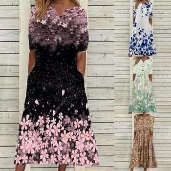 Женское повседневное однотонное свободное платье с короткими рукавами и v-образным вырезом на пуговицах L чёрный