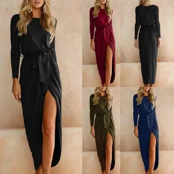 Женское повседневное однотонное тонкое платье нестандартной формы с длинными рукавами и поясом L