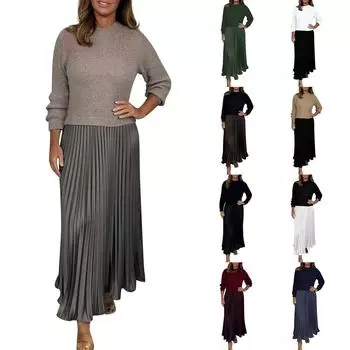 Женское повседневное однотонное трикотажное платье с цветными блоками и длинными рукавами в стиле пэчворк с плиссировкой L бежевый