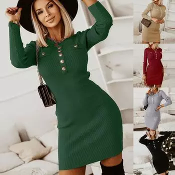Женское повседневное однотонное вязаное платье в рубчик с длинными рукавами и пуговицами на бедрах, водолазка с тонкой талией, вязаное платье-свитер M зелёный