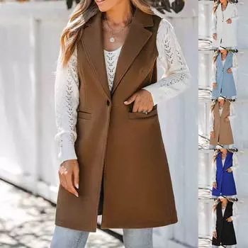 Женское повседневное пальто без рукавов с лацканами на осень-зиму, однотонное шерстяное пальто с открытым передом и пуговицами в стиле пэчворк L чёрный