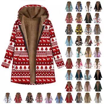 Женское повседневное пальто с длинным рукавом и большим рождественским принтом на молнии с плюшевым капюшоном и карманами L белый