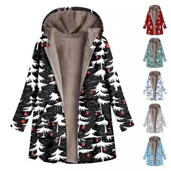 Женское повседневное пальто с длинным рукавом и большим рождественским принтом на молнии с плюшевым капюшоном и карманами XXL белый