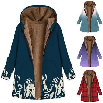 Женское повседневное пальто с длинными рукавами и длинными рукавами с крупным принтом на молнии и плюшевым капюшоном с карманами M тёмно-синий