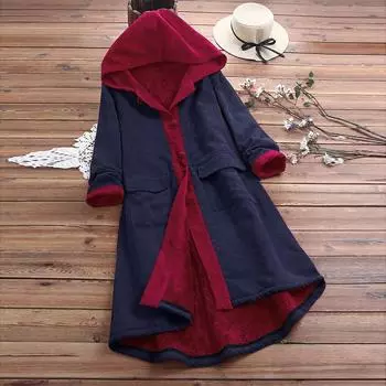 Женское повседневное пальто с капюшоном и длинным рукавом из толстого стеганого флиса L тёмно-синий