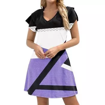 Женское повседневное платье А-силуэта с V-образным вырезом и короткими оборками по краю, платье с карманами на манжетах S фиолетовый