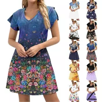 Женское повседневное платье А-силуэта с V-образным вырезом и короткими оборками по краю, платье с карманами на манжетах S