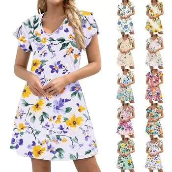 Женское повседневное платье А-силуэта с V-образным вырезом и короткими оборками по краю, платье с карманами на манжетах XXL синий