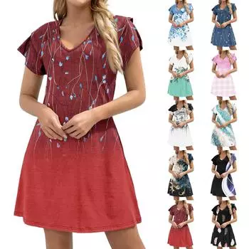 Женское повседневное платье А-силуэта с V-образным вырезом и короткими оборками по краю, платье с карманами на манжетах XL