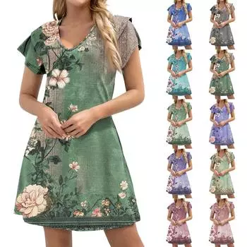 Женское повседневное платье А-силуэта с V-образным вырезом и короткими оборками по краю, платье с карманами на манжетах L синий