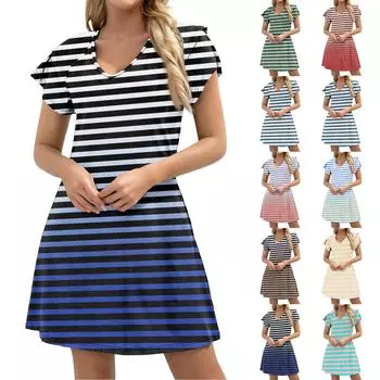 Женское повседневное платье А-силуэта с V-образным вырезом и короткими оборками по краю, платье с карманами на манжетах L синий