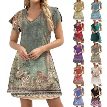 Женское повседневное платье А-силуэта с V-образным вырезом и короткими оборками по краю, платье с карманами на манжетах L