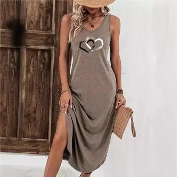Женское повседневное платье без рукавов с V-образным вырезом и принтом в виде сердечек любви, асимметричное, цельнокроеное S