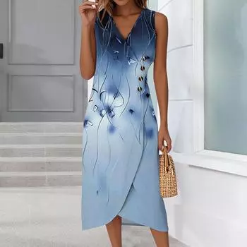 Женское повседневное платье без рукавов с V-образным вырезом, весна/лето, на пуговицах, с принтом в стиле ретро XXL синий